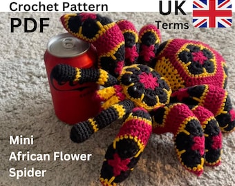 Pattern crochet Mini spider tarantula african flower pdf Christmas Xmas Halloween toy kids big birthday gift idea English UK