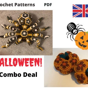 Combo Halloween Pattern crochet giant spider tarantula african flower Pumpkin pdf English UK