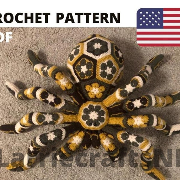 Pattern crochet giant spider tarantula african flower pdf Christmas Xmas Halloween toy kids big birthday gift idea English USA