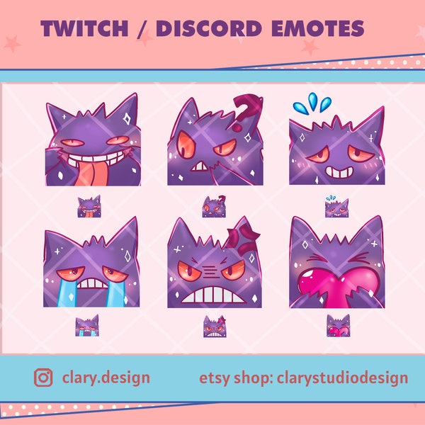 Twitch Emote / Gengar Emotes Pack (Angry, Flustered, Love, Sad, Confused) Emojis pour Streamer / Pokemon