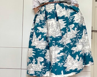 Pleated Skirt with Pockets - Toile de Jouy PETROL