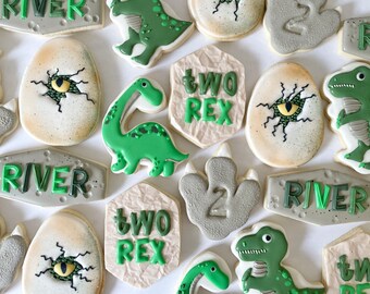 Custom Sugar Cookies: Two Rex Dinosaur Birthday Cookies