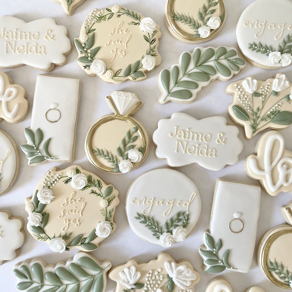 Custom Sugar Cookies: Neutrals + Greenery Bridal Cookies