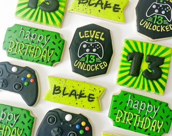 Custom Sugar Cookies: Level Up Video Games Birthday Cookies