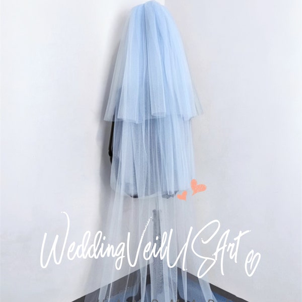Minimalist Solid tulle ice baby blue veil Gorgeous 3 Layers Hips/chapel length Bride veil Beach Blue veil Hips length wedding veil for her