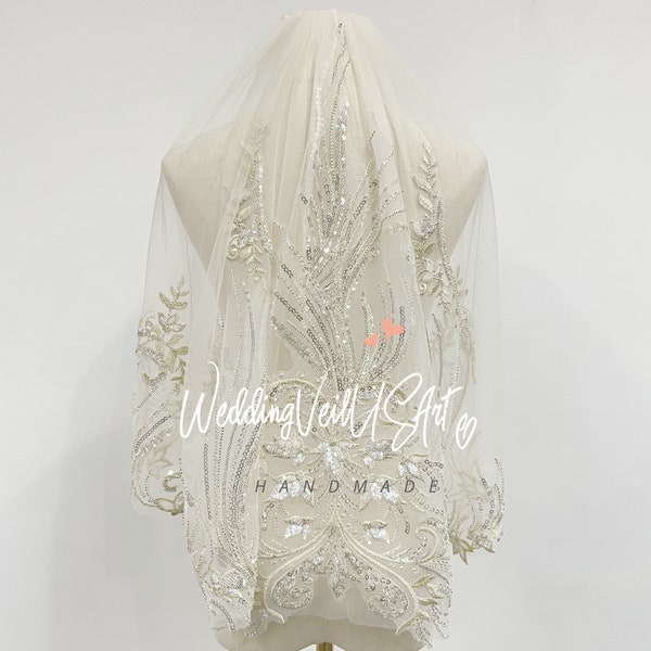 Gold thread Sparkling Sequins lace wedding veil Shiny lace veil Short Floral Sequins lace Veil Outdoor lawn veil 2024 Bridal Veil