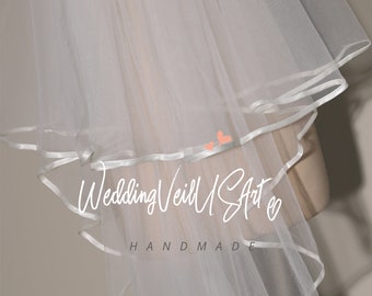 Satin band 2 layer Wedding veil blusher veil fingertip Simple bridal veil short veil soft tulle Chapel veil Ivory wedding with comb