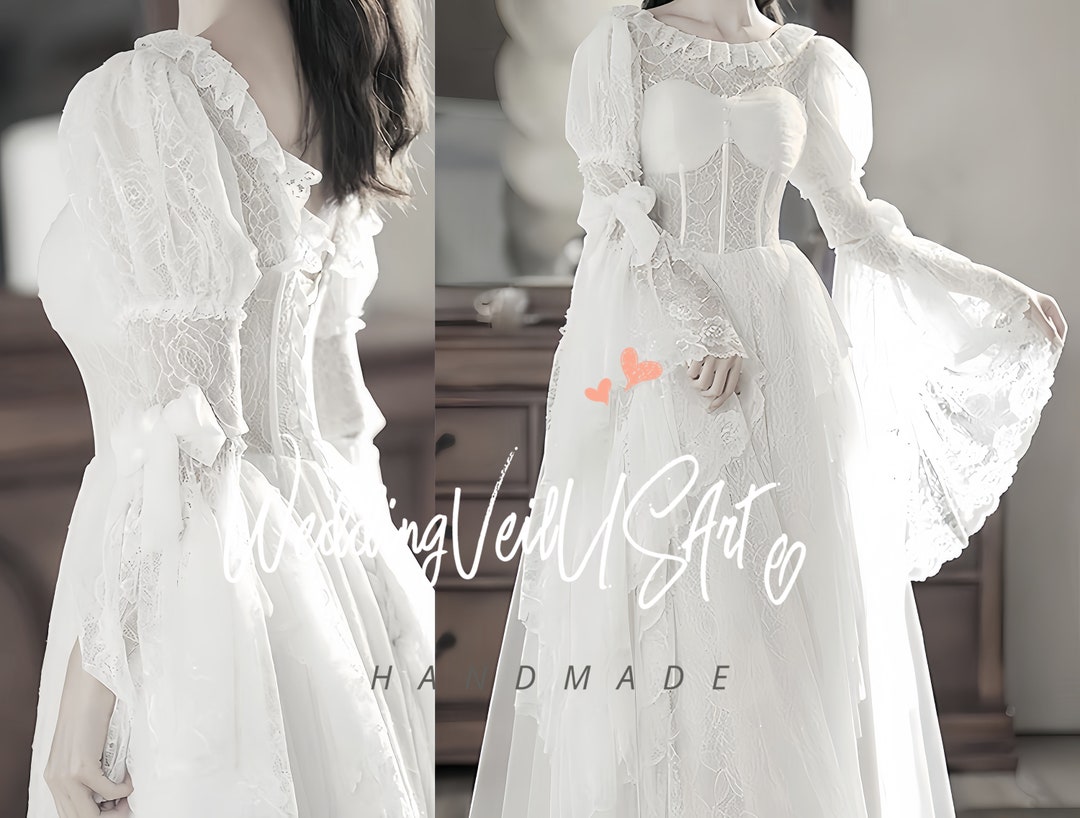 Vintage White A-Line Wedding Dress with Cap Sleeves and Embroidered Lace