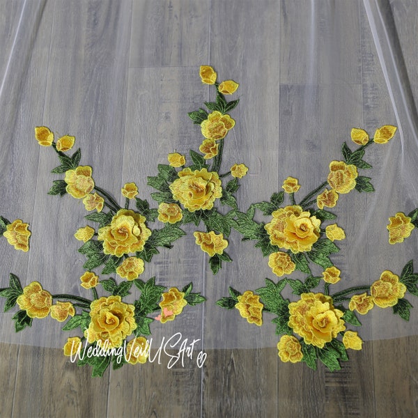 Unique Boho yellow Flower Ivory Veil Garden Wedding Floral Veil Cathedral Length Veil Custom Embroidery Veil Lace Veil Wedding Veil Short