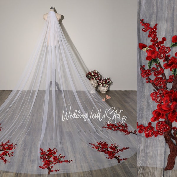 Red Lace Flower Ivory Veil Unique Garden Wedding Veil Plum Blossom Veil Cathedral Length Veil Custom Embroidery Veil Wedding Veil Short