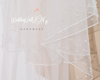 Wedding Veil Pearled Edge,Wedding Veil Elbow Length,Fingertip Veil,Handmade Short Bride Veil,Simple wedding veil,elegant wedding veil comb