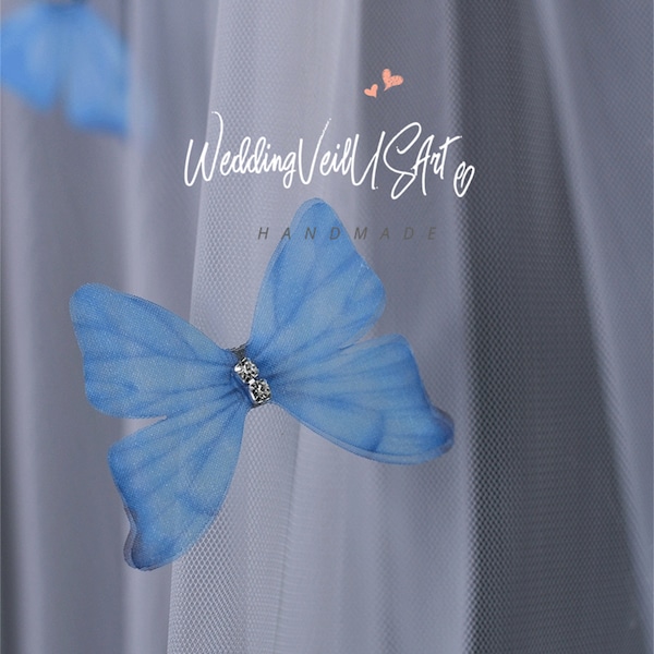 New! Scattered 3D Blue butterfly ivory tulle wedding veil Dreamy 3D Blue butterfly Veil with Comb 1 Layer Outdoor lawn veil 2024 Bridal Veil