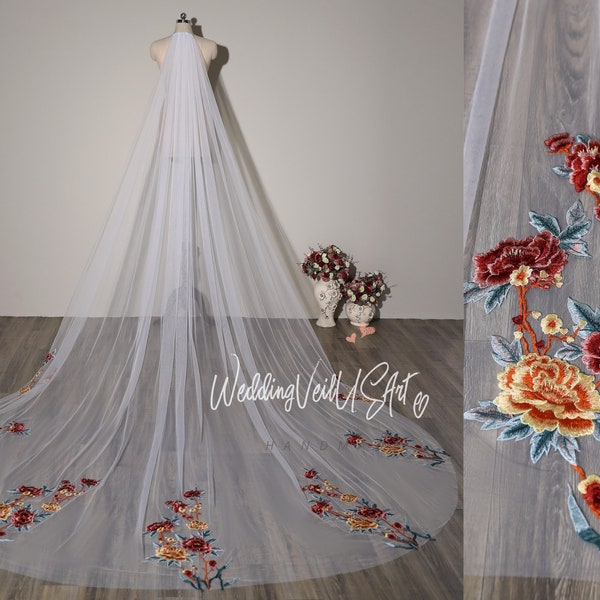 Unique Boho Flower Ivory Veil Garden Wedding Veil Floral Veil Cathedral Length Veil Custom Embroidery Veil Lace Veil Wedding Veil Short