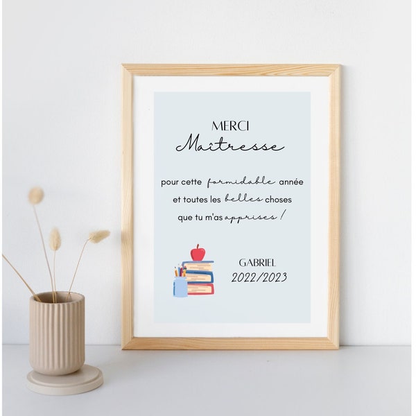 Affiche Merci Maitresse ou Atsem personnalisée  - prénom enfant - cadeau maitresse - atsem - Enseigner c’est toucher une vie pour toujours