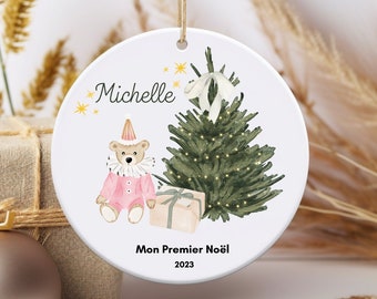 Mon premier Noël, Boule de Noël en Céramique,Ornement personnalisé, Boule de Noël personnalisée, Déco Noël, Cadeau Personnalisé,Ourson rose