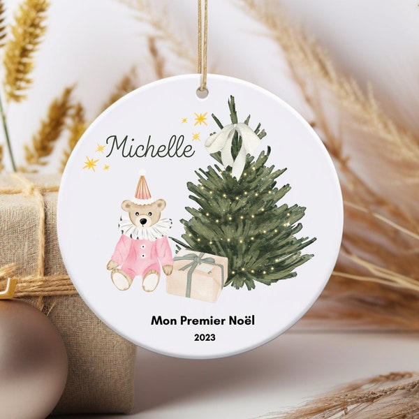 Mon premier Noël, Boule de Noël en Céramique,Ornement personnalisé, Boule de Noël personnalisée, Déco Noël, Cadeau Personnalisé,Ourson rose