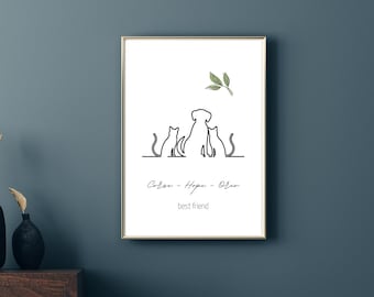 Cadeau personnalisée nom prénom-animaux  Affiche Patte de chien personnalisée - Illustation minimaliste deux chats et chien