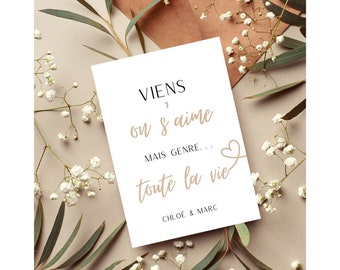 Demande en mariage,Cadeau Saint Valentin, Carte citation et message original.Viens on s'aime mais genre toute la vie, coeur