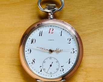 2P750 Antique Omega Silver Pocket Watch, popular Red 12 Dial