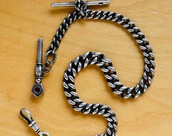 Antique Silver Albert Chain with Pocket Watch Key, T-bar, 60g, 15 inches