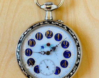2T417 Antico orologio da tasca da cacciatore, smalto incastonato (intarsio Niello), misura grande