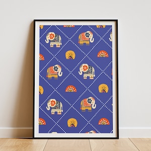 Indian folk art unique pattern wall prints, Indian and Mughal art style inspired Elephant painting for kids room, Jaipur art decor prints