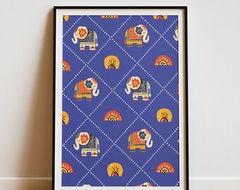 Indian Elephant Nursery Decor, Folk Art Print, Jaipur Art Style, Kids Bedroom Wall Hanging