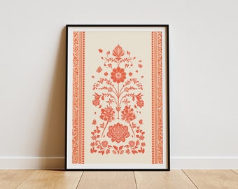 Mughal Pattern Art Print, Indian Folk Art, Floral Home Wall Decor, Islamic Style