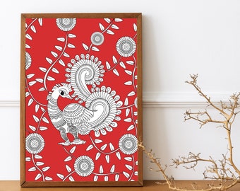 Wall Decor prints inspired by INDIAN ART,   Kalamkari peacock from Indian folk art style,  digital download vintage printable wall art