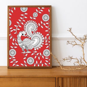 Kalamkari Peacock Art Print, Indian Folk Art, Traditional Wall Decor, Digital Download