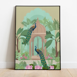 INDIAN WALL ART peacock art prints Mughal painting inspired Indian art decor traditional Indian palace art garden botanical art prints