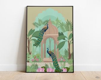 INDIAN WALL ART peacock art prints Mughal painting inspired Indian art decor traditional Indian palace art garden botanical art prints