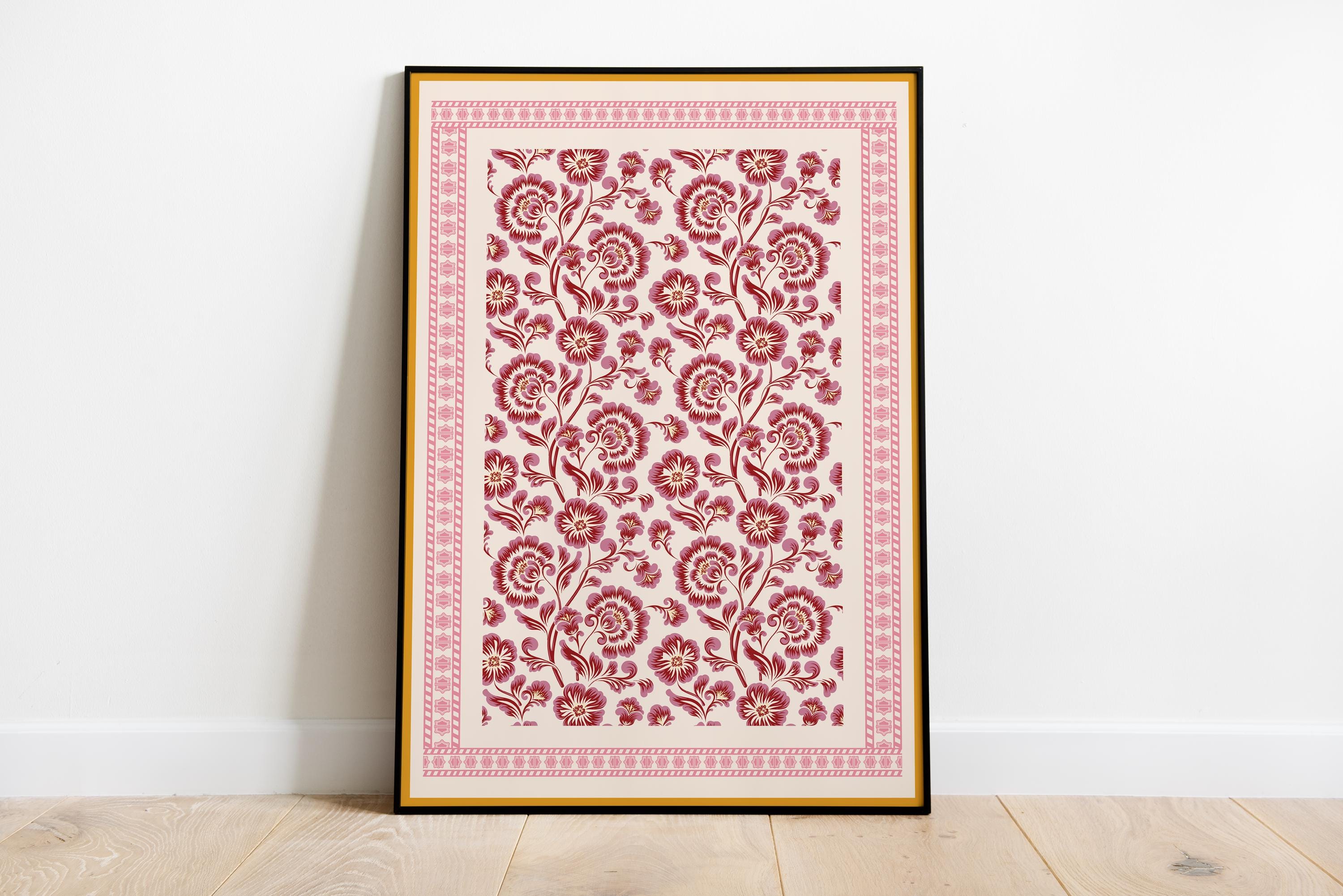 Indian Folk art unique wall prints, Indian pattern art inspired by Islamic Mughal style, Maximal home decor, Rose inspired digital prints