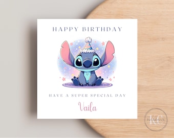 May include: A birthday card featuring Stitch from Lilo & Stitch wearing a party hat. The card has a pink, blue, and white starry background and says "Happy Birthday" and "Have a super special day Vaiala".
