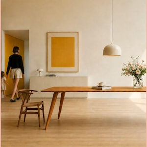 Stół jadalny ze szwajcarską krawędzią, minimalistyczny design | Duński design z połowy XX wieku | Delikatny drewniany stół z dzikiego dębu, dębu bez sęków i jesionu | Minimalistyczne piękno