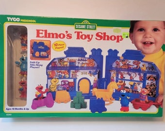 Tyco Preschool Vintage 1995 CTW Sesame Street Elmos Toy Shop Playset Take Along 10 Piece Fold Up 90s Toy