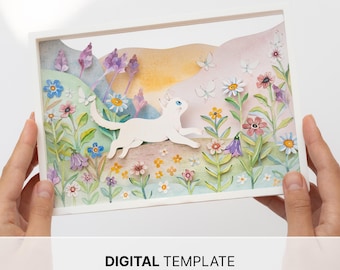 May include: A framed paper art piece featuring a white cat leaping through a colorful meadow with flowers and butterflies. The background has a watercolor sunset. Text at the bottom reads "DIGITAL TEMPLATE" with PDF and SVG file type options.