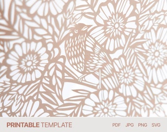 Bird in Flowers - Digital Papercut Template - PDF SVG JPG