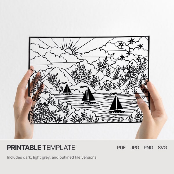 Paisaje con veleros - Plantilla de recorte digital - PDF SVG JPG