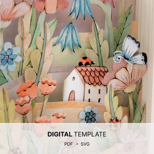 Pode incluir: Uma cena de arte em papel colorida com uma pequena casa branca com telhado laranja, rodeada por flores, folhas e uma borboleta. Uma joaninha está sentada no telhado. O texto "DIGITAL TEMPLATE" está na parte inferior, com "PDF • SVG" abaixo.
