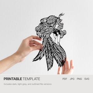 May include: Printable template of a black and white paper cut design of a woman with wings and a bird. The design is intricate and detailed, with a focus on the woman's hair and wings. The template includes dark, light grey, and outlined file versions.