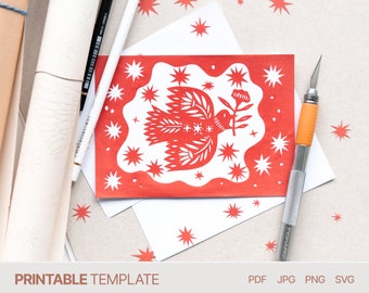 Bird Postcard Design - Digital Papercut Template - PDF SVG JPG