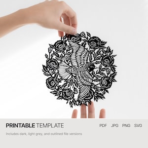 Black Bird in Rose Flower Wreath - Digital Papercut Template - PDF SVG JPG
