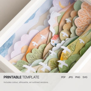 Modello diorama - PDF SVG JPG - Paesaggio di prato al tramonto con piccola casetta e uccelli - Per stampante e Cricut