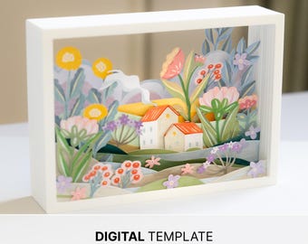 Dwa małe domki w ogrodzie kwiatowym – szablon w formie pudełka – papier warstwowy DIY – PDF SVG (pobranie cyfrowe)