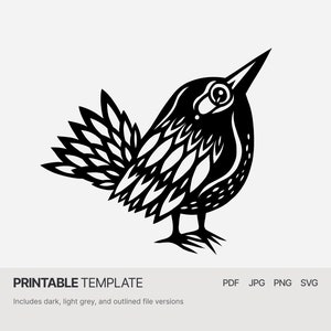 Small cute bird - PDF SVG JPG Papercut template - Tiny Robin bird with detailed feathers