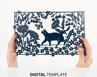 Cat & Butterfly - Digital Papercut Template - PDF SVG JPG