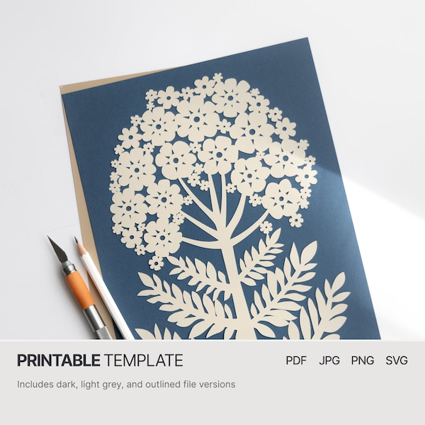Hortensie - PDF SVG JPG Papercut-Vorlage - Dekorative Hortensia-Blumen