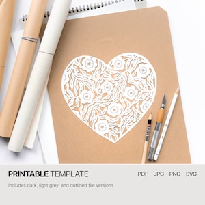 Disegno a forma di cuore con fiori - Modello di carta ritagliata digitale - PDF SVG JPG