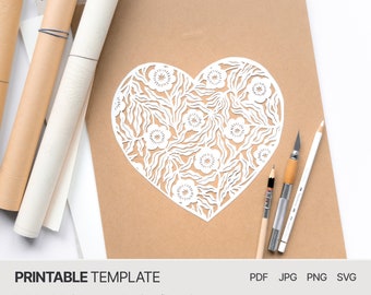 Diseño de corazón de flores - Plantilla de corte digital - PDF SVG JPG